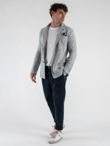 V2 Giacca in maglia misto lana lavorata occhio di pernice monopetto con pochette GUOPE Grigio Perla (2)