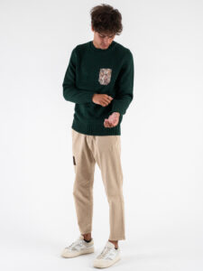 V2 Maglione girocollo misto lana con taschino bianco stampa Floreale MAO Verde (4)