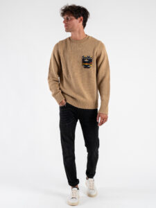 V2 Maglione misto lana con taschino fantasia azteco MAO Cammello (4)