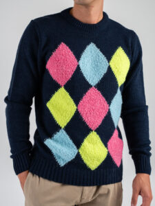 BERNA Maglione girocollo rasato in misto lana con rombi colorati 246048 Blu (3)
