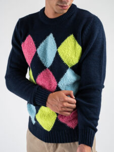 BERNA Maglione girocollo rasato in misto lana con rombi colorati 246048 Blu (5)