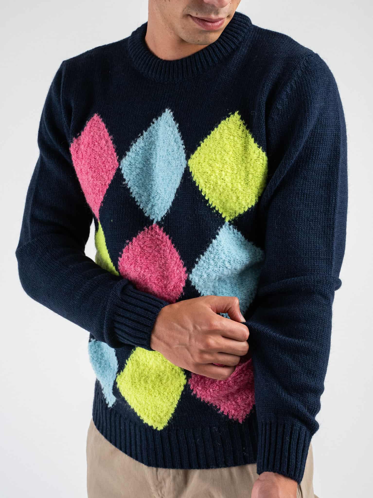BERNA Maglione girocollo rasato in misto lana con rombi colorati 246048 Blu Prezzo 0 00 Estasi Fashion
