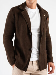 V2 Giacca in maglia misto lana lavorata occhio di pernice monopetto con pochette GUOPE Moro (1)