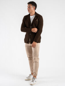 V2 Giacca in maglia misto lana lavorata occhio di pernice monopetto con pochette GUOPE Moro (2)