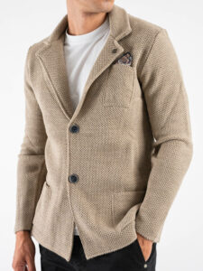 V2 Giacca in maglia misto lana lavorata occhio di pernice monopetto con pochette GUOPE Tortora (2)