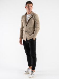 V2 Giacca in maglia misto lana lavorata occhio di pernice monopetto con pochette GUOPE Tortora (5)