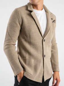 V2 Giacca in maglia misto lana lavorata occhio di pernice monopetto con pochette GUOPE Tortora (6)