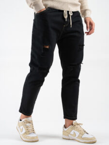 ESTASI Jeans con elastico e coulisse in vita, corto alla caviglia e con rotture MESSI Nerooro (4)