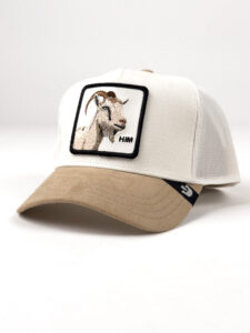 GOORIN BROS Cappellino in tessuto panna con becca in suede beige e patch stampa capra HIM
