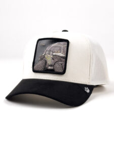 GOORIN BROS Cappellino in tessuto panna con becca in suede nera e patch stampa tartaruga O.G
