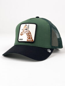 GOORIN BROS Cappellino verde con becca nera e patch in pelle bianca stampa giraffa HIGH