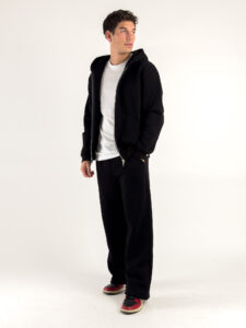 Completo tuta felpato con felpa cappuccio con zip + pantalone baggy 003004 Nero (6)