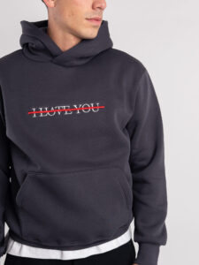 Felpa con cappuccio felpata e con scritta frontale I LOVE YOU 24864 Grigio Fumo (1)