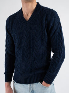 BERNA Maglione a scollo V con trecce 233043 Blu (1)