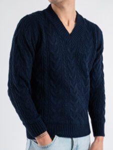 BERNA Maglione a scollo V con trecce 233043 Blu (3)