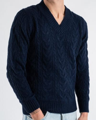 BERNA Maglione a scollo V con trecce 233043 Blu