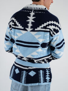 Cardigan con cintura in fantasia etnica misto lana 651 Celeste (1)