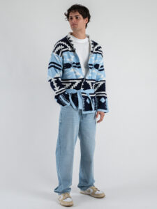 Cardigan con cintura in fantasia etnica misto lana 651 Celeste (2)