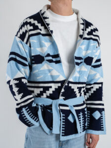 Cardigan con cintura in fantasia etnica misto lana 651 Celeste (3)