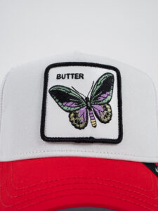 GOORIN BROS Cappellino bianco con becca rossa e patch in pelle bianca stampa farfalla BUTTER (2)