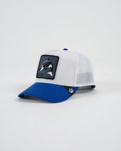 GOORIN BROS Cappellino bianco con visiera blu e patch in pelle bianca stampa orca KILLER 1 Nuovi Arrivi