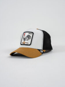 GOORIN BROS Cappellino bianco con visiera ocra e patch in pelle bianca stampa gallo COCK (1)