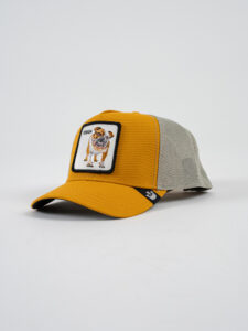 GOORIN BROS Cappellino ocra con rete grigia e patch in pelle bianca stampa bulldog TOUGH (1)