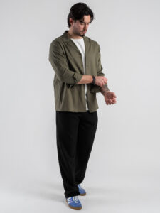 BERNA Camicia in Tencel con collo bowling 251090 Militare (2)