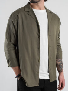 BERNA Camicia in Tencel con collo bowling 251090 Militare (3)