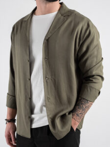 BERNA Camicia in Tencel con collo bowling 251090 Militare (5)