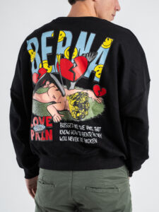 BERNA Felpa girocollo in cotone con stampa fronteretro LOVE PAIN 251085 Nero (1)