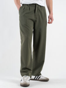 ESTASI Pantalone leggero gamba larga con elastico in vita YAMAL Verde Militare (1)