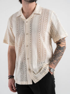 OVER-D Camicia a mezza manica con collo bowling macrame’ OE1S2S5C33 Beige (3)