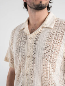 OVER-D Camicia a mezza manica con collo bowling macrame’ OE1S2S5C33 Beige (4)