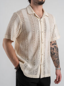OVER-D Camicia a mezza manica con collo bowling macrame’ OE1S2S5C33 Beige (5)