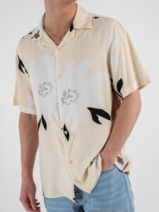OVER-D Camicia a mezza manica in fantasia con collo bowling OE1S2S5C29 Beige (1)