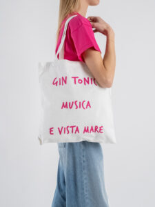 SUPERCULTURE Borsa mare in tela con stampa GIN TONIC,MUSICA E VISTA MARE BAG04 Bianca (2)