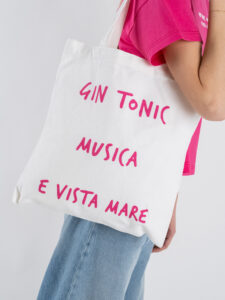 SUPERCULTURE Borsa mare in tela con stampa GIN TONIC,MUSICA E VISTA MARE BAG04 Bianca (4)