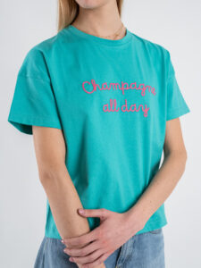 SUPERCULTURE T-shirt da donna in cotone con ricamo CHAMPAGNE ALL DAY AW1161 Verde Tiffany (1)