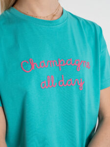 SUPERCULTURE T-shirt da donna in cotone con ricamo CHAMPAGNE ALL DAY AW1161 Verde Tiffany (2)