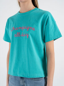 SUPERCULTURE T-shirt da donna in cotone con ricamo CHAMPAGNE ALL DAY AW1161 Verde Tiffany (3)