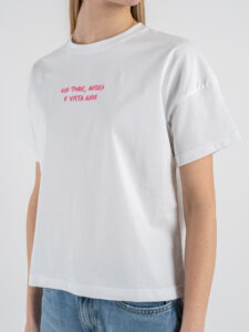SUPERCULTURE T-shirt da donna in cotone con ricamo GIN TONIC,MUSICA E VISTA MARE AW1199 Bianca (2)