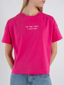 SUPERCULTURE T-shirt da donna in cotone con ricamo GIN TONIC,MUSICA E VISTA MARE AW1199 Fucsia (1)