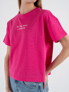 SUPERCULTURE T-shirt da donna in cotone con ricamo GIN TONIC,MUSICA E VISTA MARE AW1199 Fucsia (2)