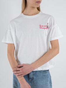 SUPERCULTURE T-shirt da donna in cotone con ricamo GIVE ME CHAMPAGNE AW1157 Bianca (1)