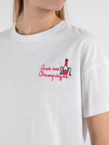 SUPERCULTURE T-shirt da donna in cotone con ricamo GIVE ME CHAMPAGNE AW1157 Bianca (3)