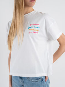 SUPERCULTURE T-shirt da donna in cotone con ricamo PENSAVO FOSSE AMORE… AW1153 Bianca (1)