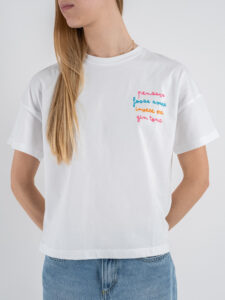 SUPERCULTURE T-shirt da donna in cotone con ricamo PENSAVO FOSSE AMORE… AW1153 Bianca (3)