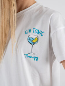 SUPERCULTURE T-shirt da donna in cotone con ricamo e stampa GIN TONIC THERAPY AW1201 Bianca (1)