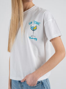 SUPERCULTURE T-shirt da donna in cotone con ricamo e stampa GIN TONIC THERAPY AW1201 Bianca (3)
